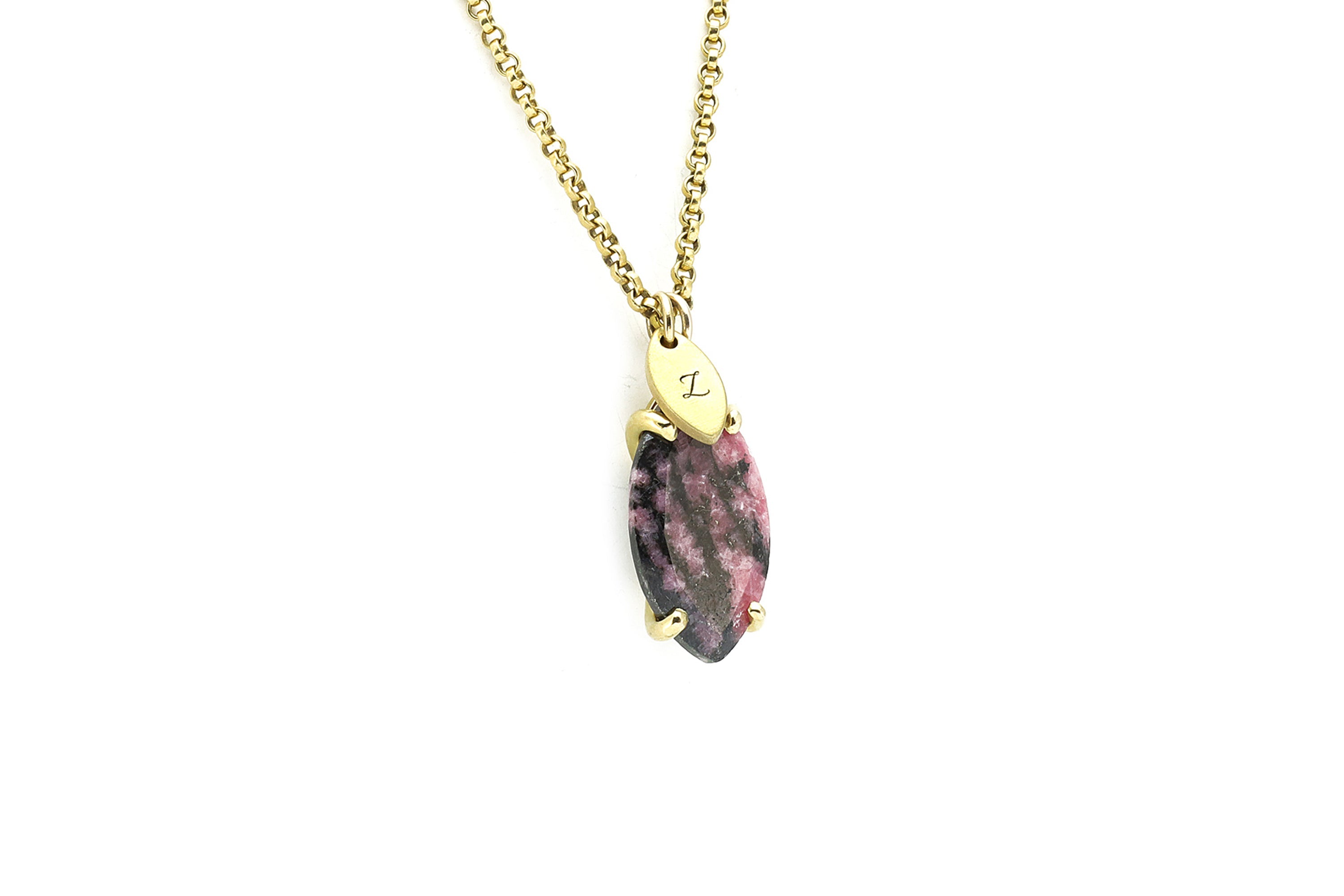 Rhodonite Marquise Gemstone Gold Necklace with Engraved Initials Coin necklaces Anemone Jewelry