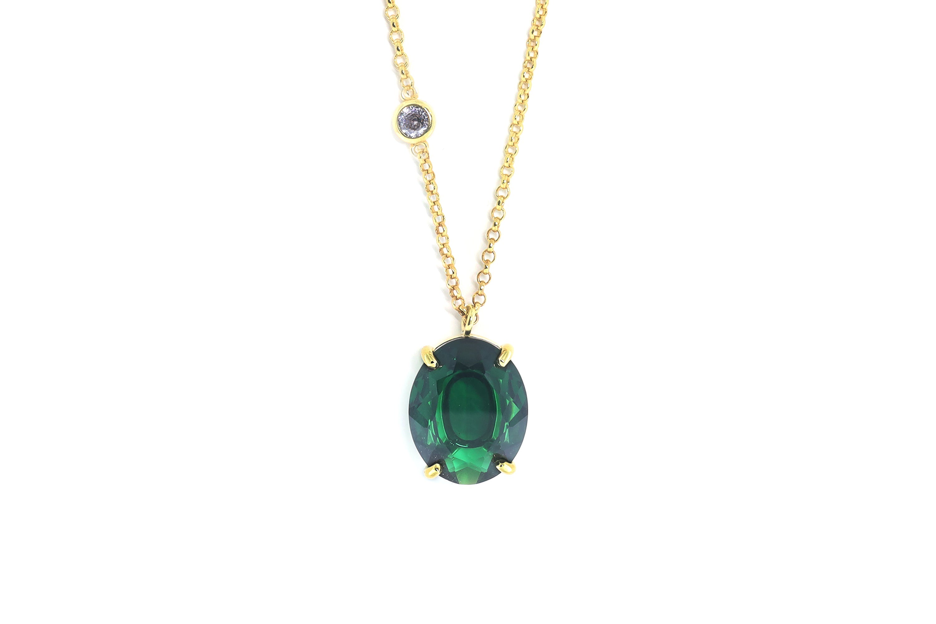 Long Gold Oval Emerald Gemstone Necklace with Cubic Zirconia necklaces Anemone Jewelry