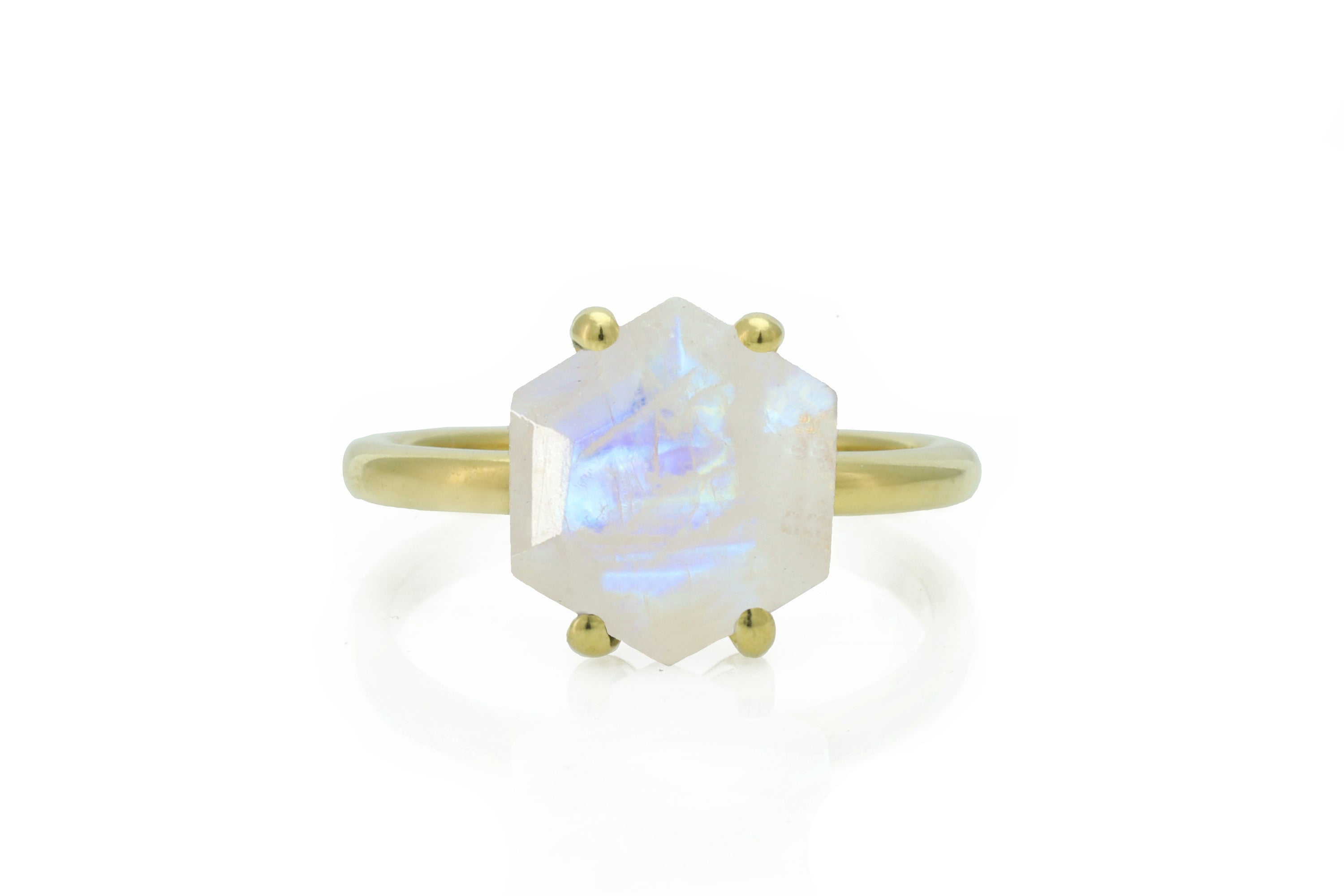Hexagon Cut Rainbow Moonstone Gold Ring Rings Anemone Unique