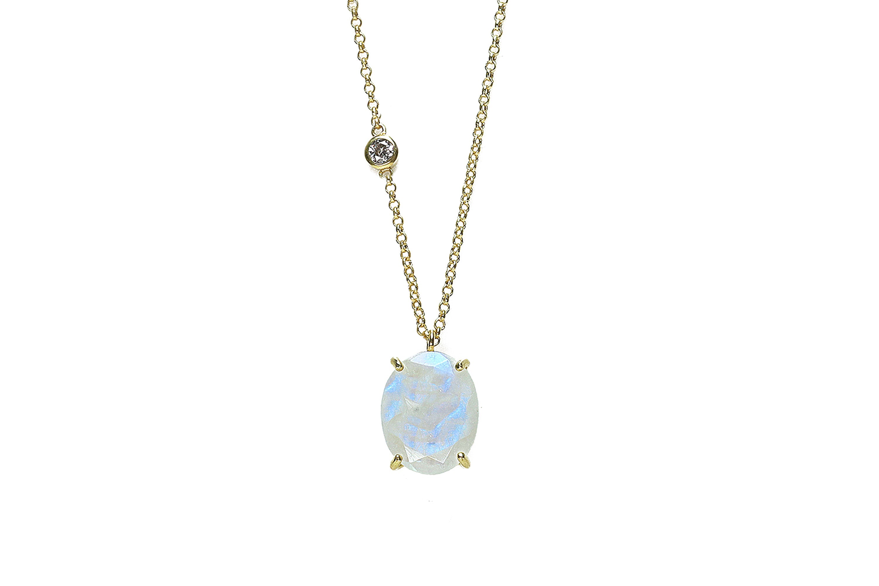 Long Gold Oval Moonstone Pendant with Small Cubic Zirconia Stone necklaces Anemone Jewelry