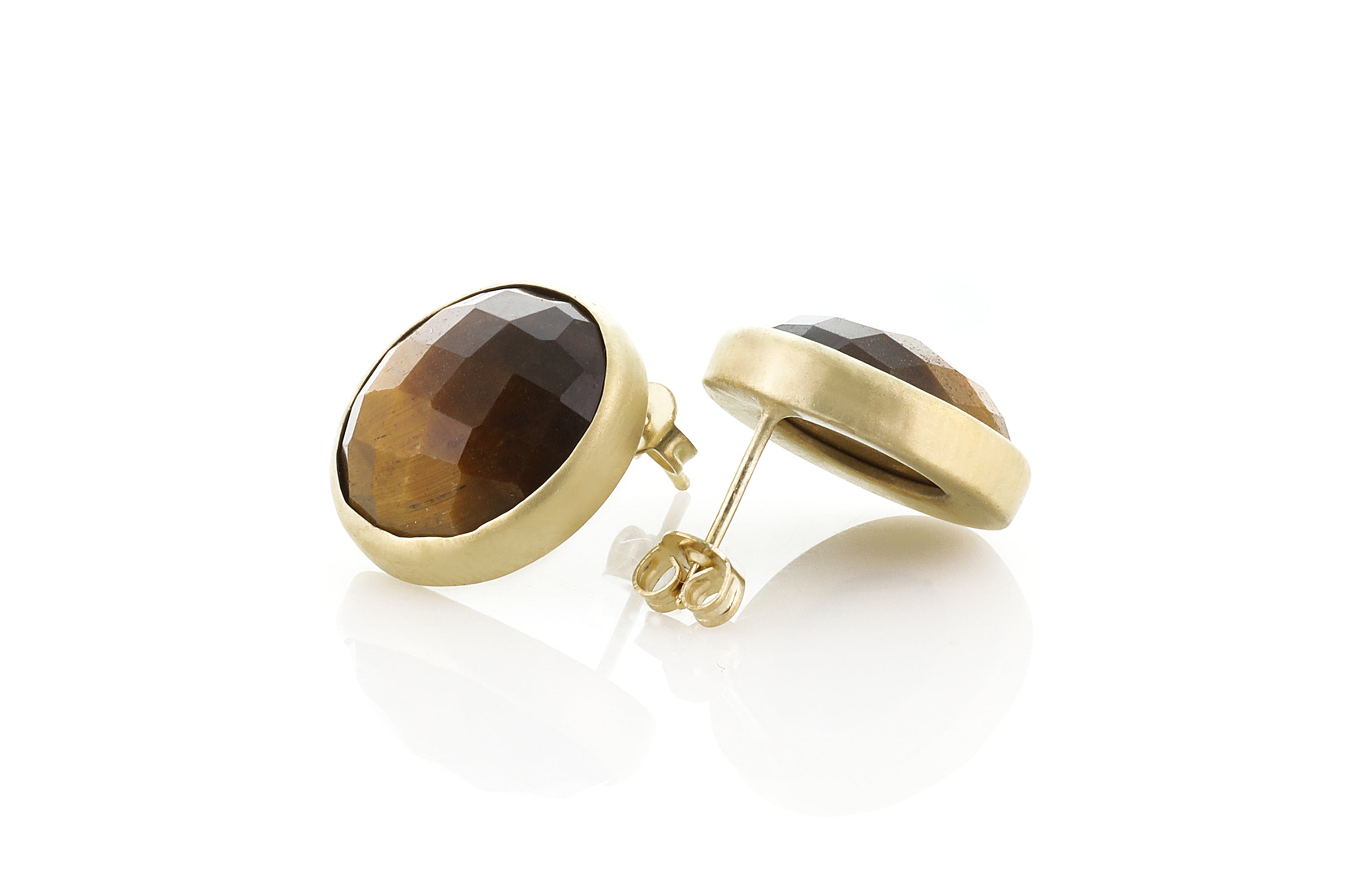 Tiger Eye Gemstone Earrings in Bezel Gold Setting Earrings Anemone Limited