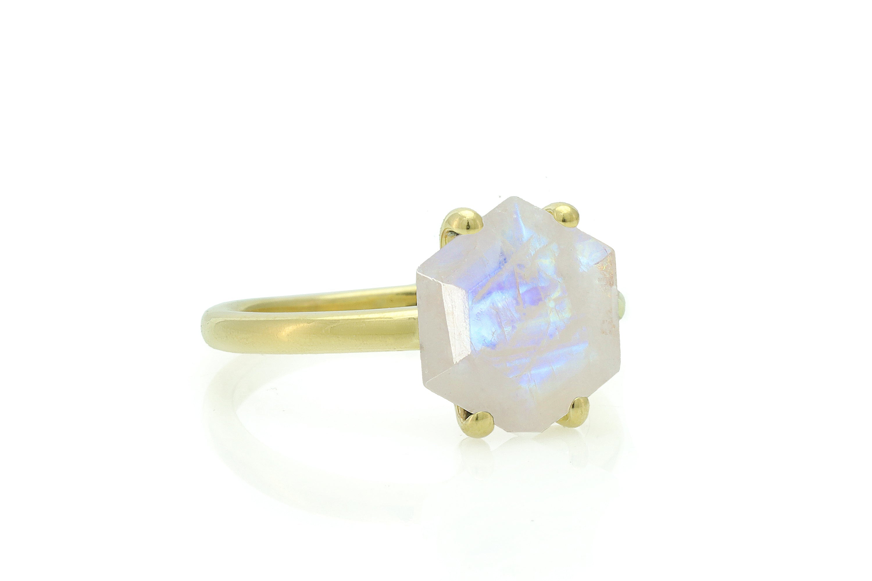 Hexagon Cut Rainbow Moonstone Gold Ring Rings Anemone Unique