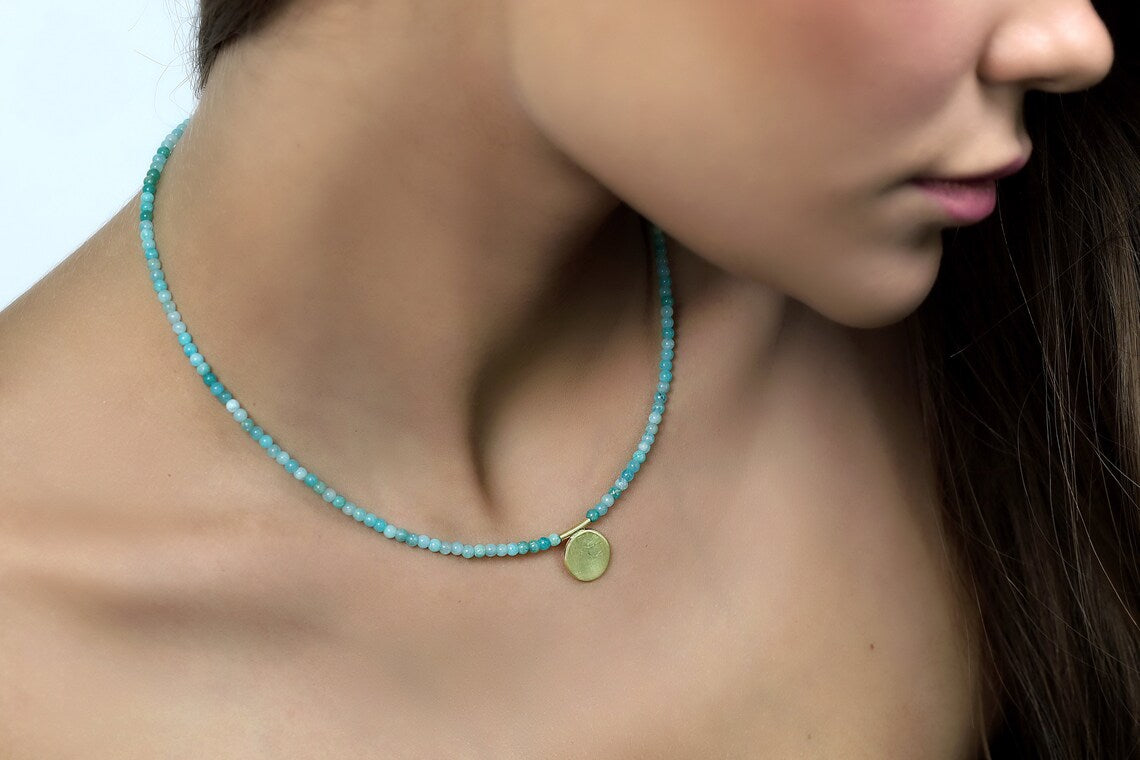 Blue Beads Amazonite Smooth Beaded Gold Necklace with Elegant Coin Charm necklaces Anemone Unique