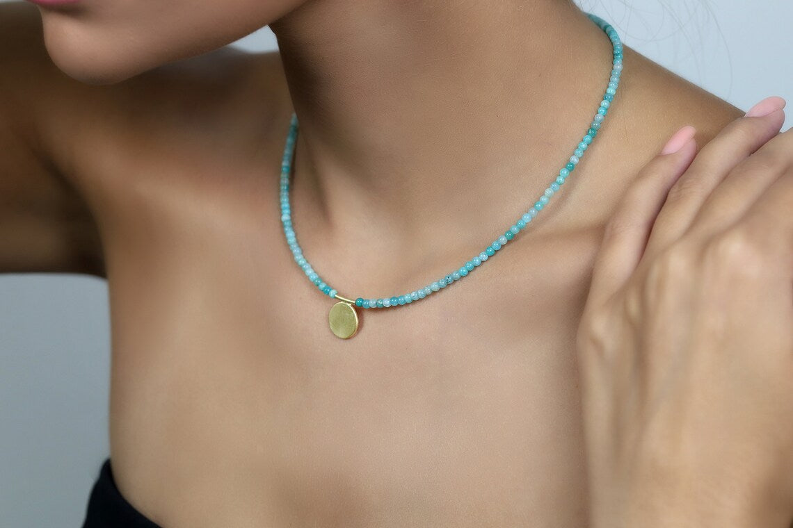 Blue Beads Amazonite Smooth Beaded Gold Necklace with Elegant Coin Charm necklaces Anemone Unique