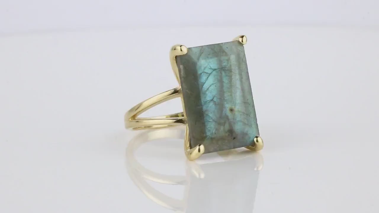 Glamorous Rectangle Labradorite 14K Gold Ring Rings Anemone Jewelry