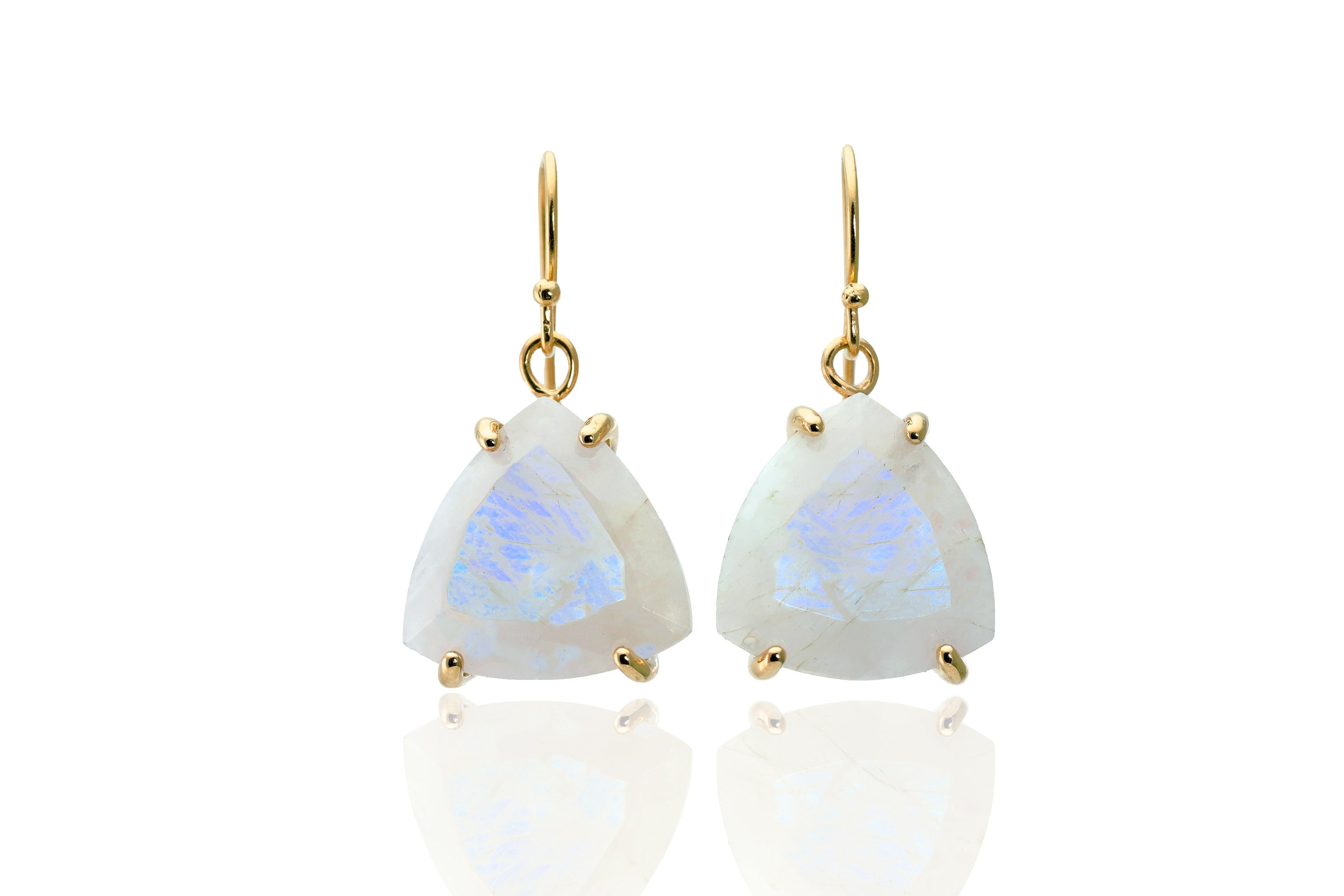 Trillion Cut Rainbow Moonstone Gold Dangle Statement Earrings Earrings Anemone Jewelry