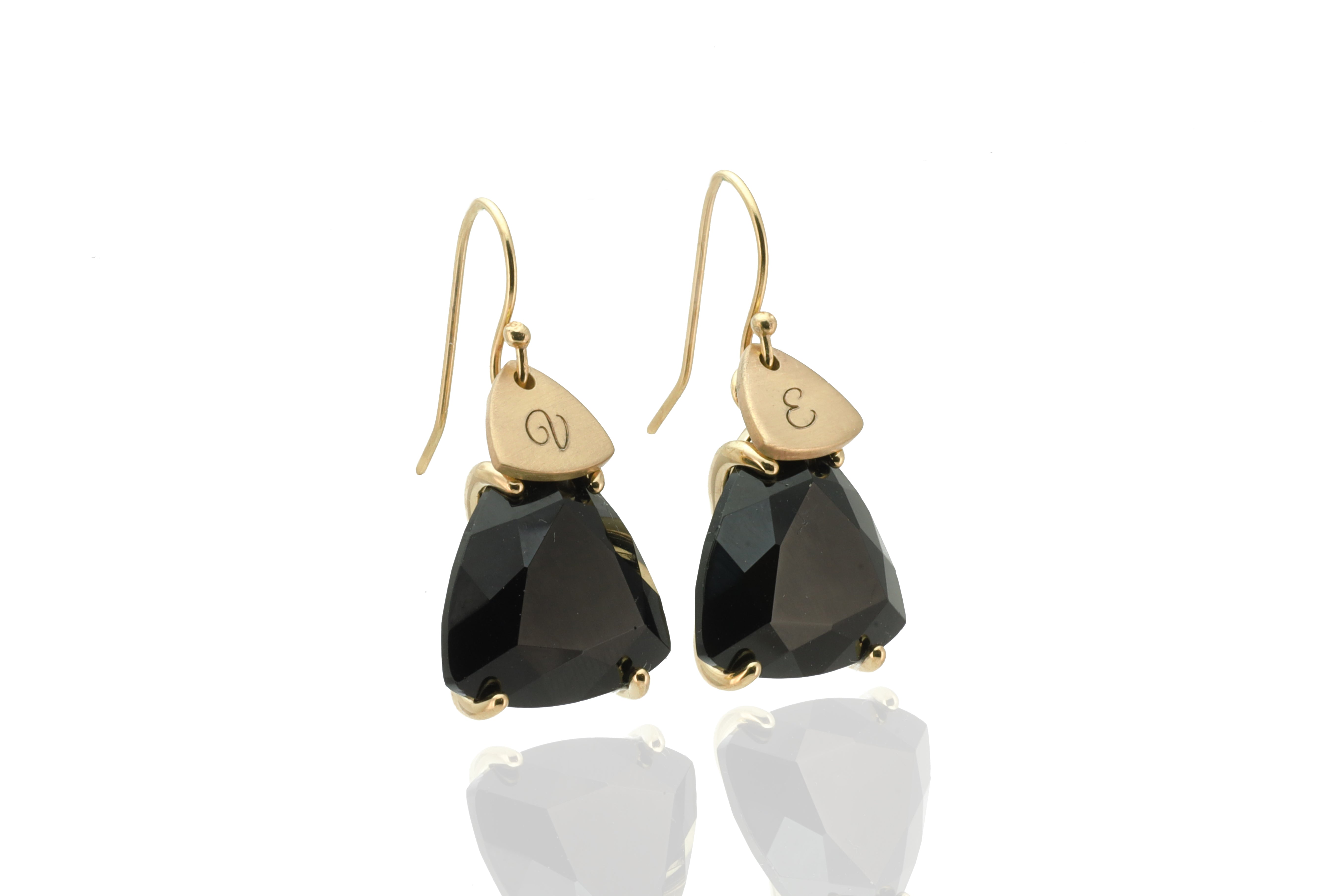 Trillion Black Onyx and Personalized Coin Gold Dangle Earrings Earrings Anemone Jewelry