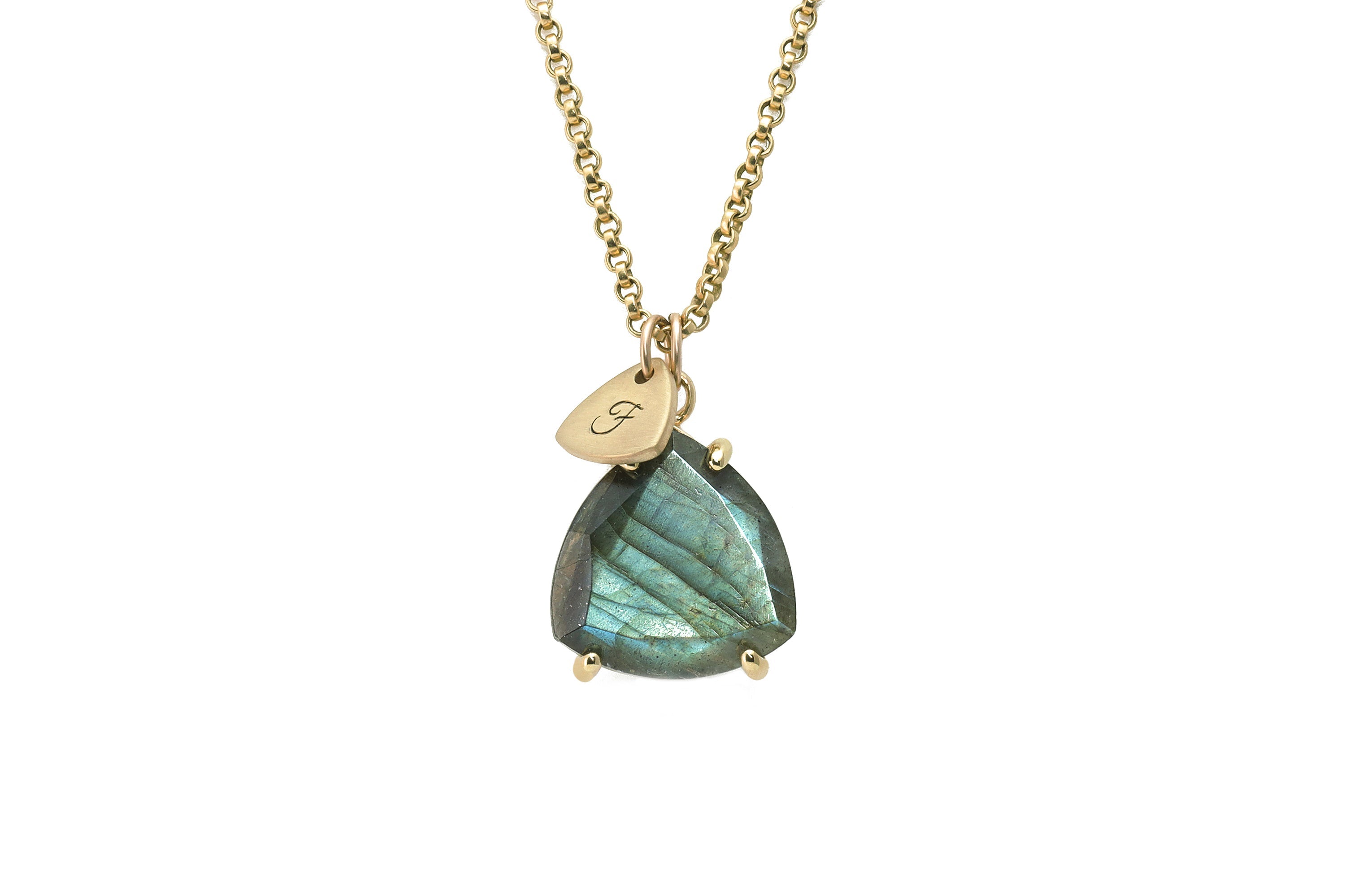 Engraved Coin Labradorite Trillion Gold Gemstone Necklace necklaces Anemone Jewelry