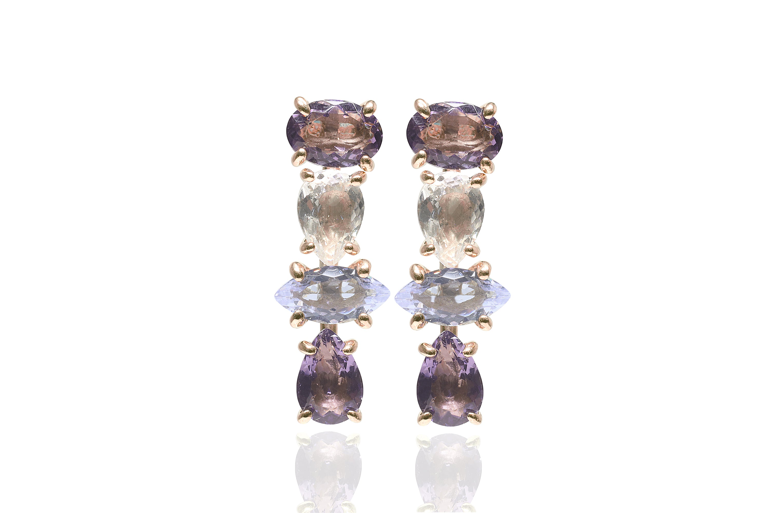 Multistone Gold Earrings with Amethyst, Crystal Quartz, Tanzanite Earrings Anemone Unique