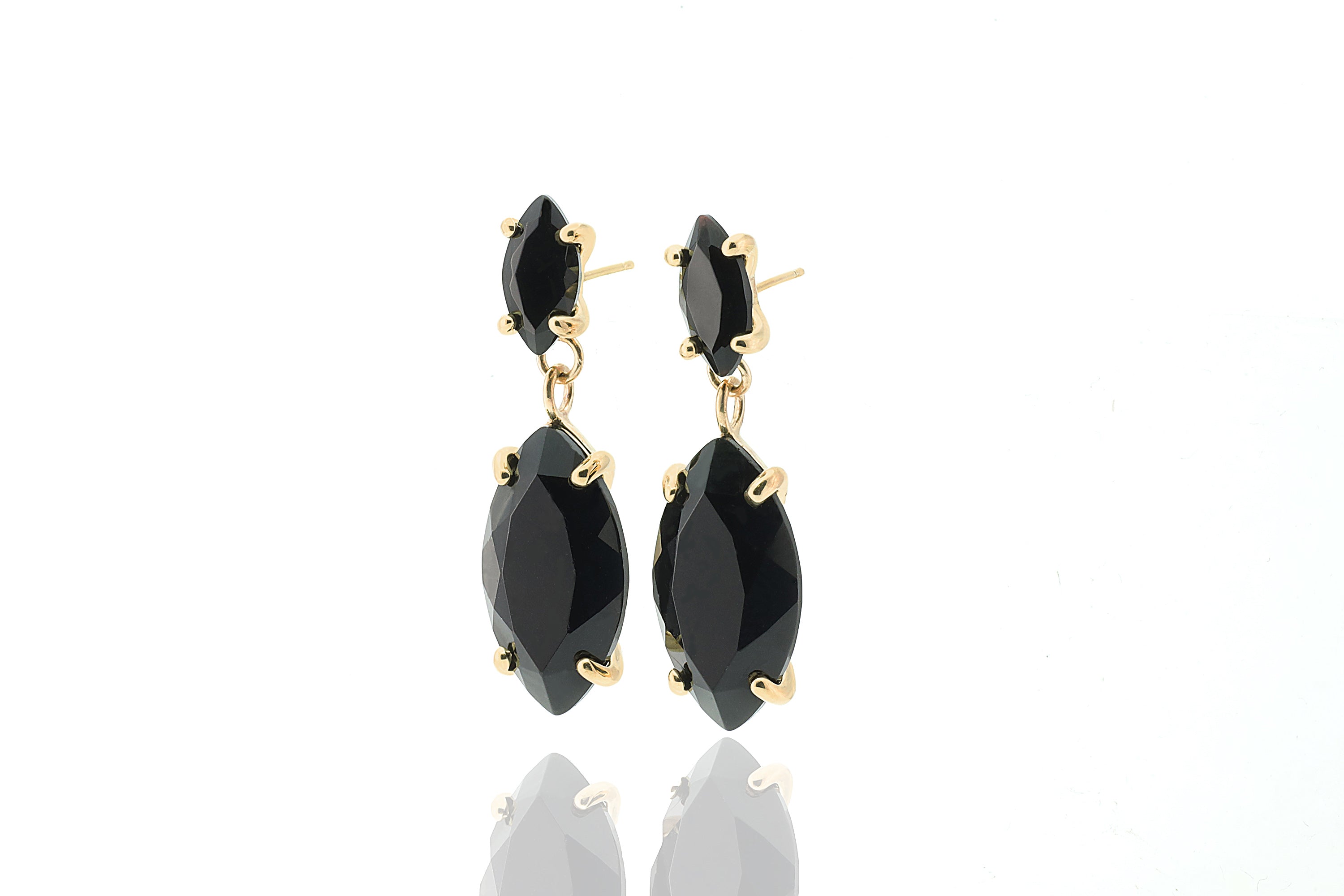 Black Onyx Double Stone Marquise Cut Gold Dangle Earrings Earrings Anemone Jewelry