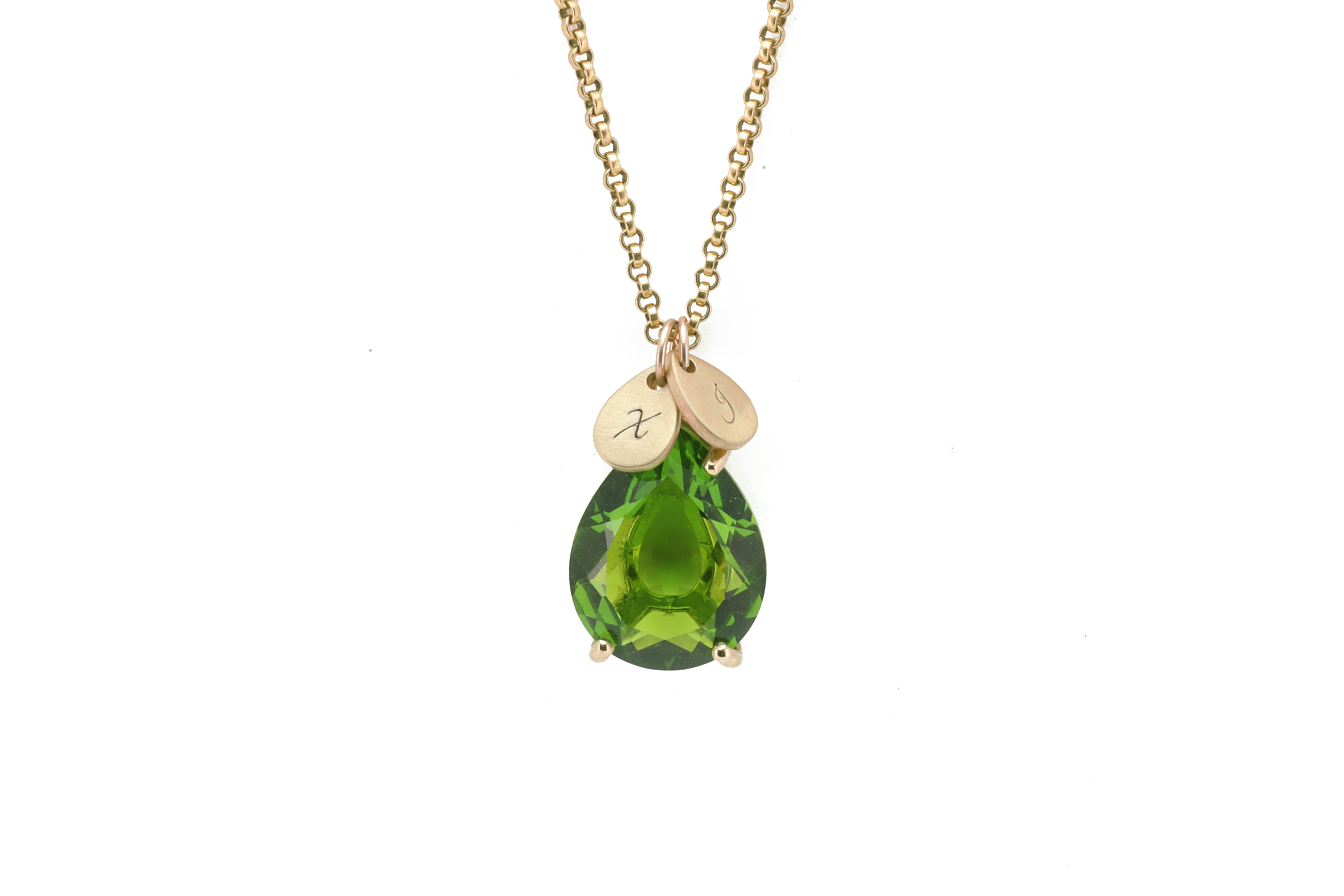 Customized 14k Gold Pear Peridot and Coin Pendant Necklace necklaces Anemone Jewelry