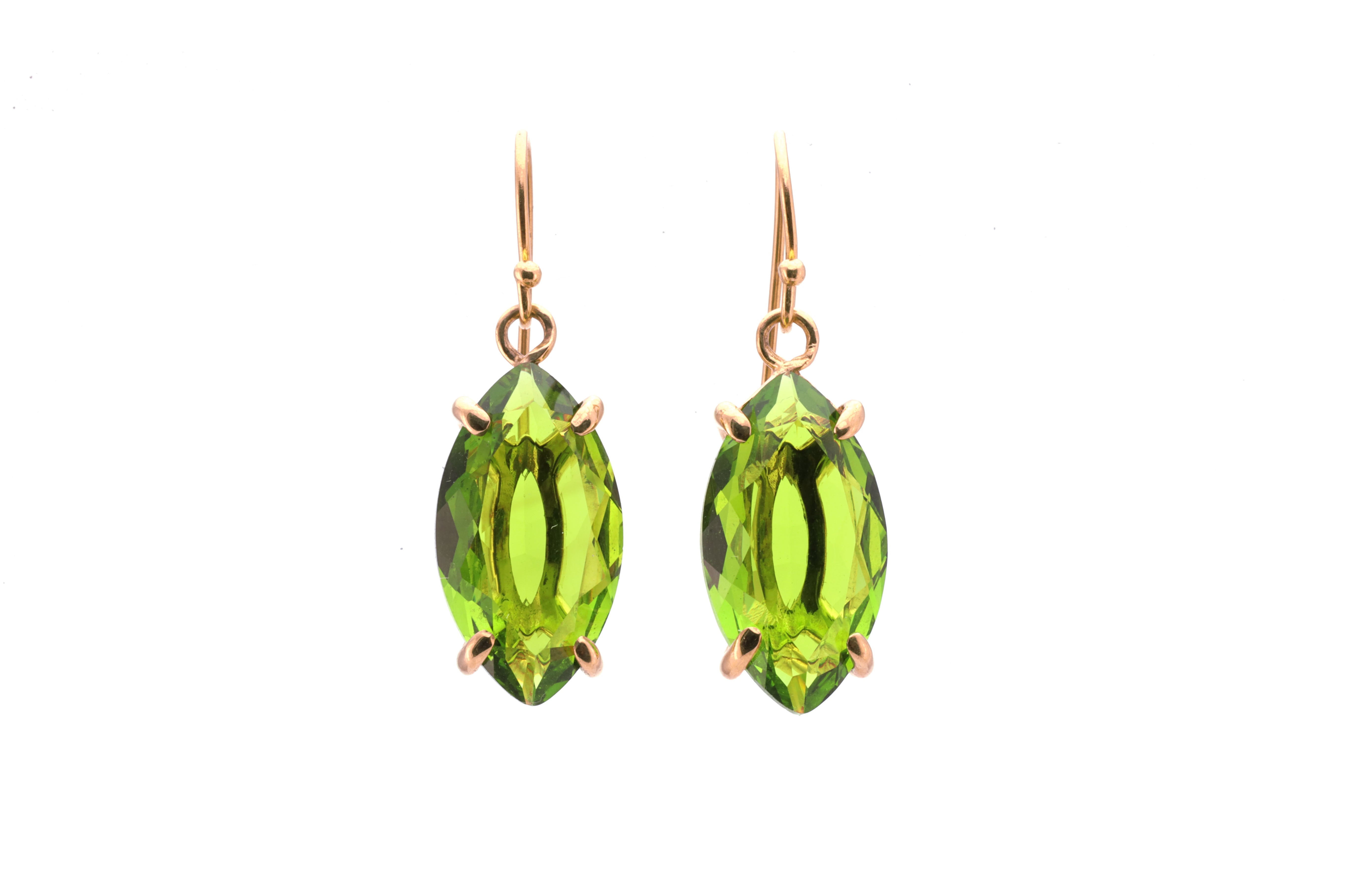Long Marquise Cut Peridot Gold Dangle Earrings Earrings Anemone Jewelry