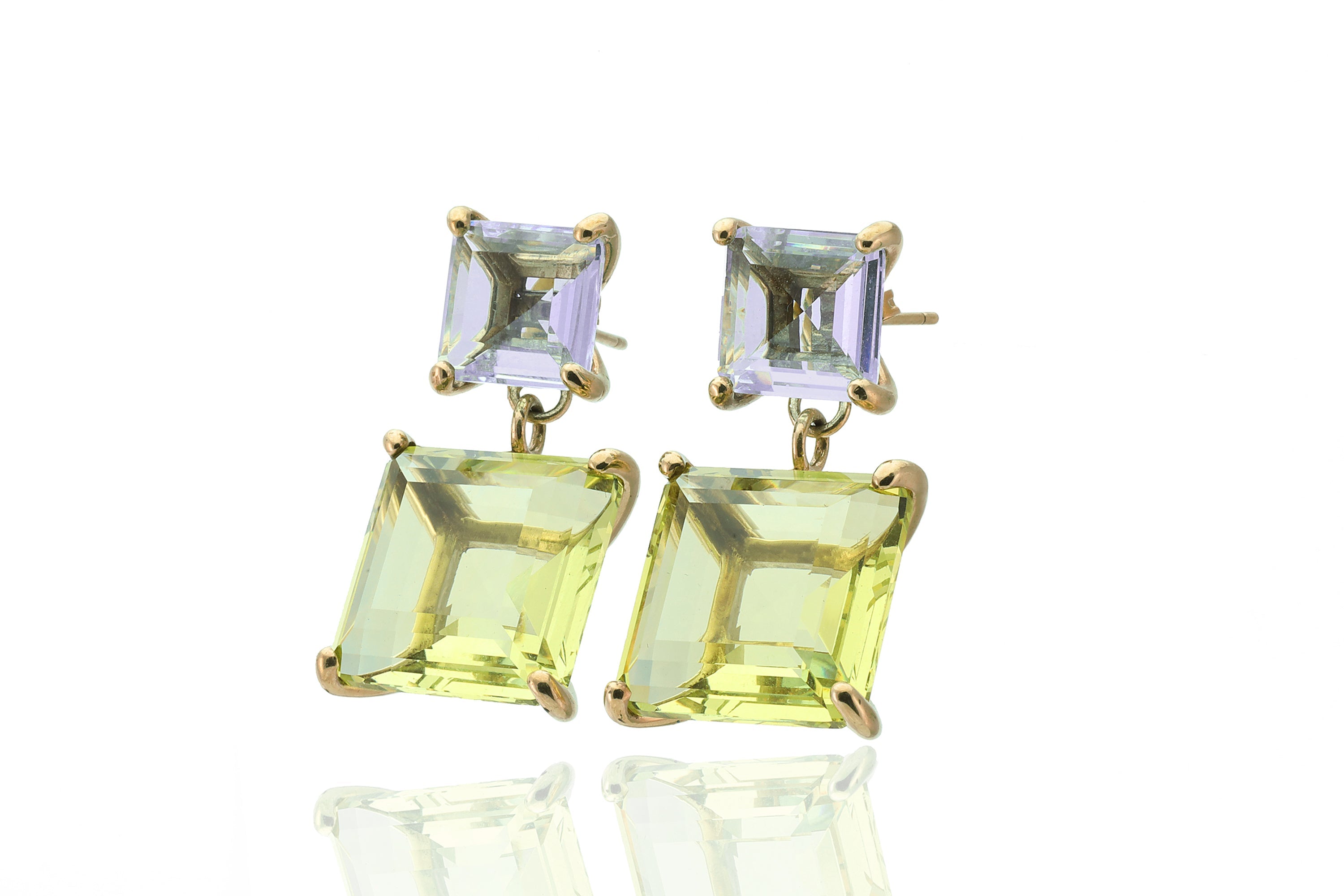Multi-Stone Square Tanzanite and Lemon Quartz Gold Earrings Earrings Anemone Jewelry