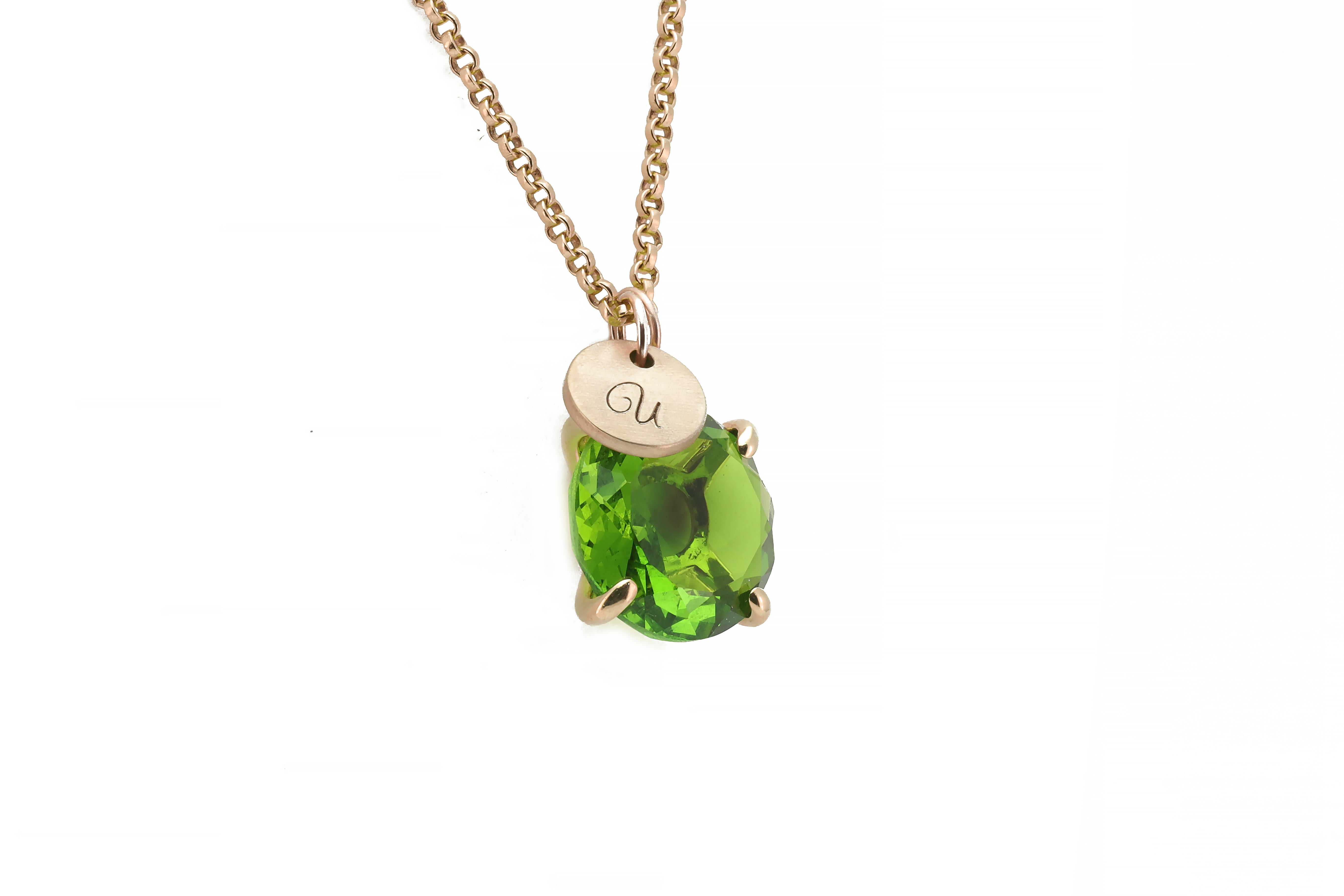 Engraved Initials Coin and Peridot Round Cut Gold Necklace necklaces Anemone Jewelry