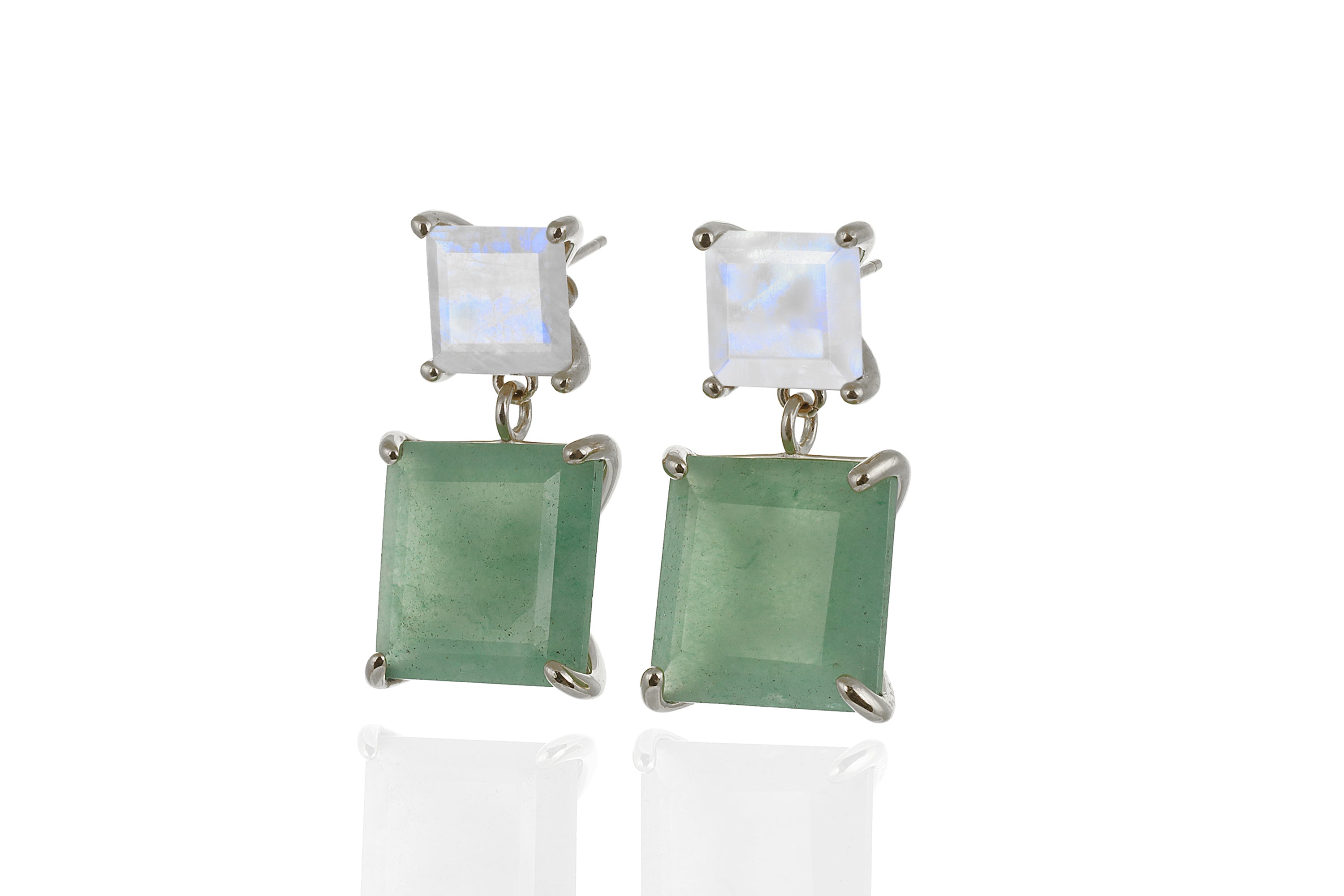 Square Rainbow Moonstone & Green Aventurine Gold Earrings Earrings Anemone Jewelry