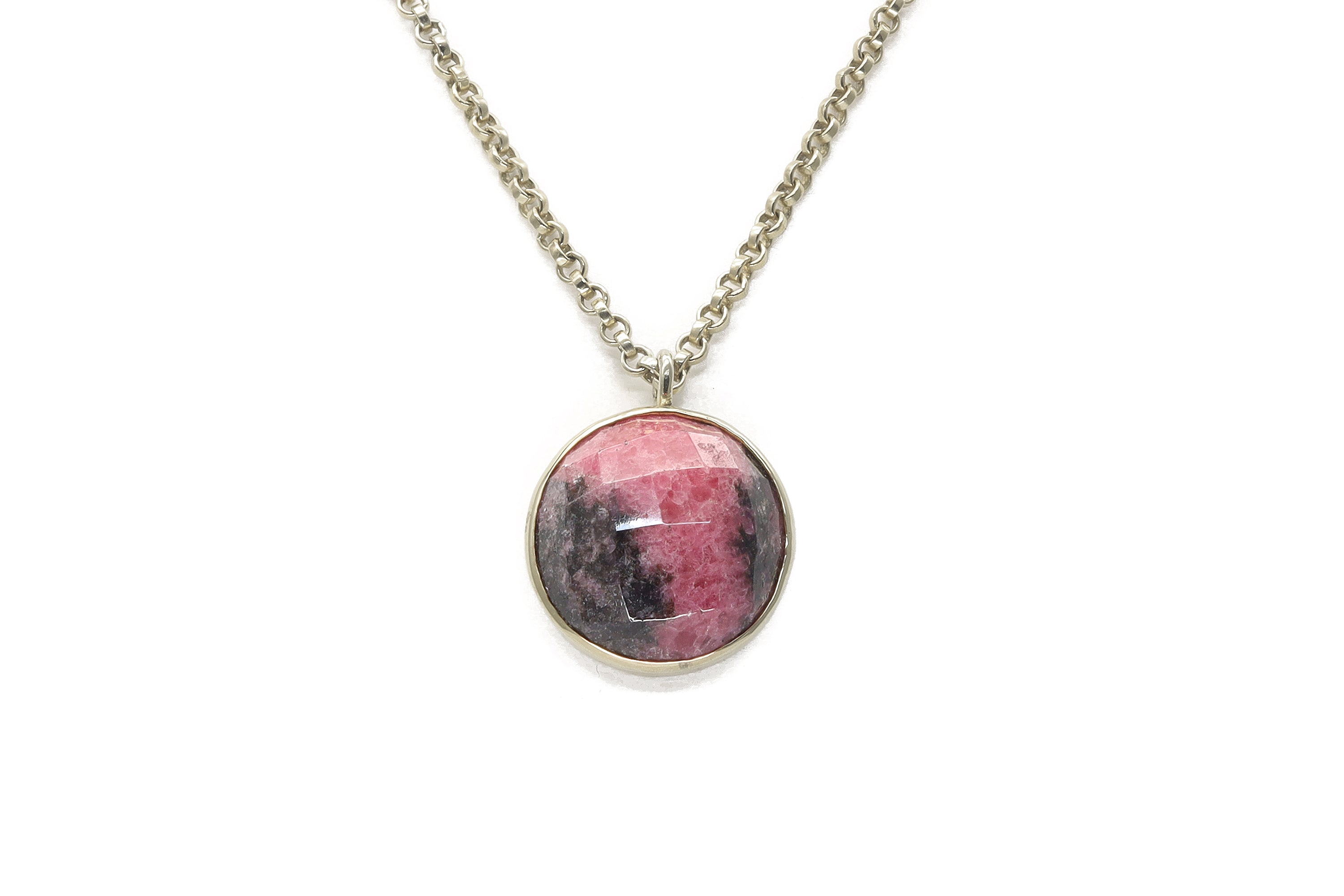 Fashionable Pink Rhodonite Bezel Set Gold Necklace necklaces Anemone Limited