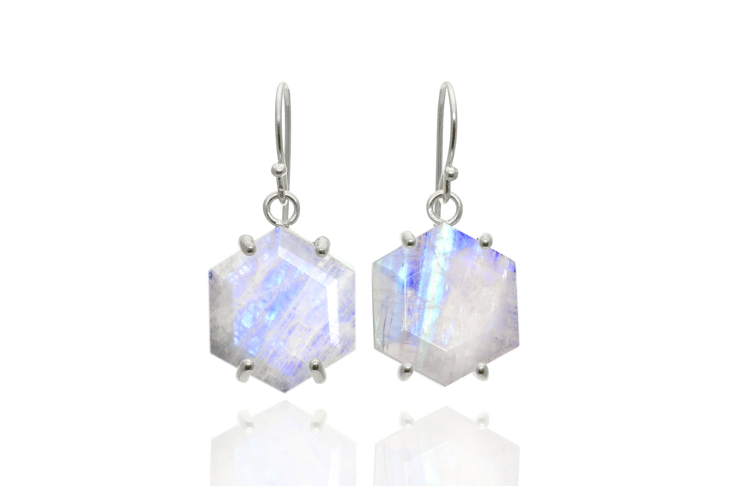 Hexagon Cut Gold Rainbow Moonstone Ring Earrings Anemone Jewelry