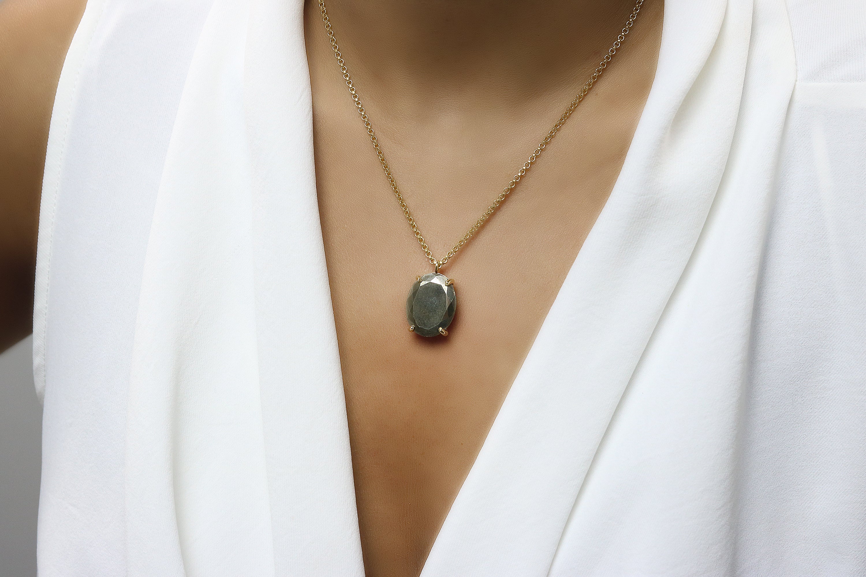 Vivid 16x20MM Oval Pyrite Necklace in Sterling Silver necklaces Anemone Jewelry