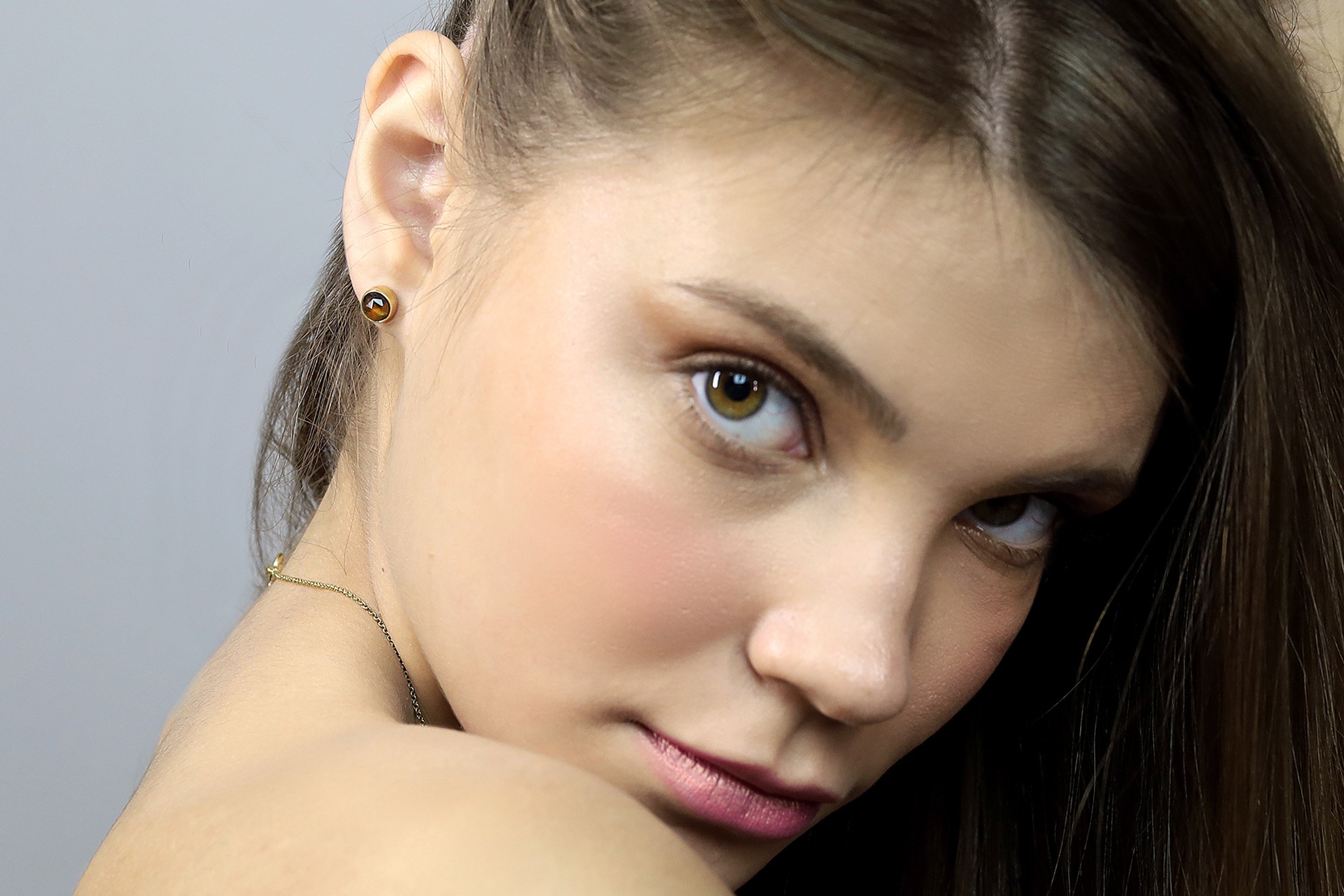 14k Solid Gold Bezel Set Tiger Eye Stud Earrings Earrings Anemone Limited