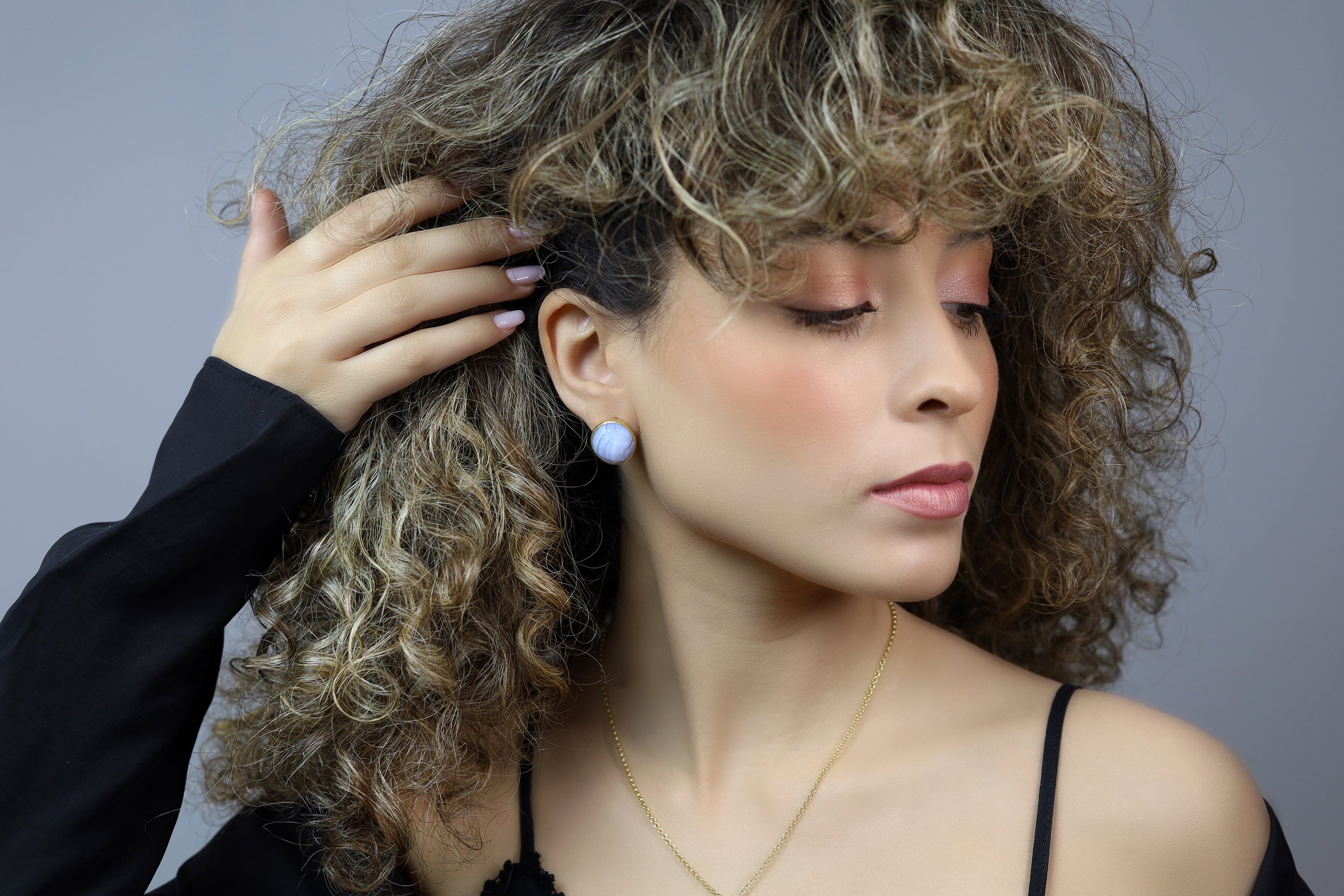 Gold Bezel Blue Lace Agate Statement Earrings Earrings Anemone Limited