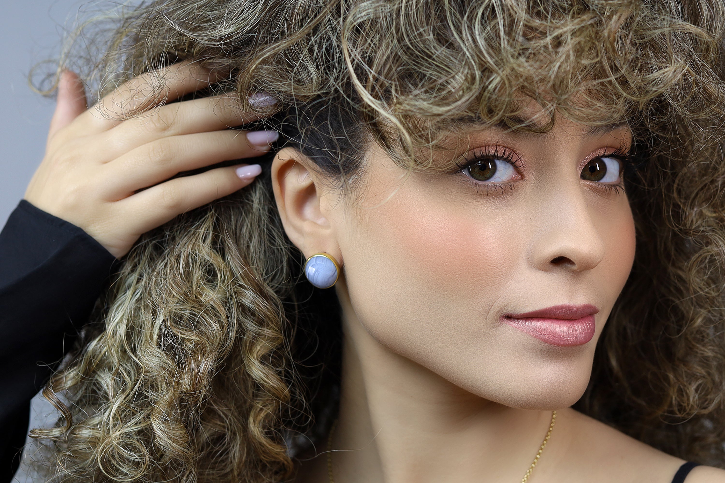 Gold Bezel Blue Lace Agate Statement Earrings Earrings Anemone Limited