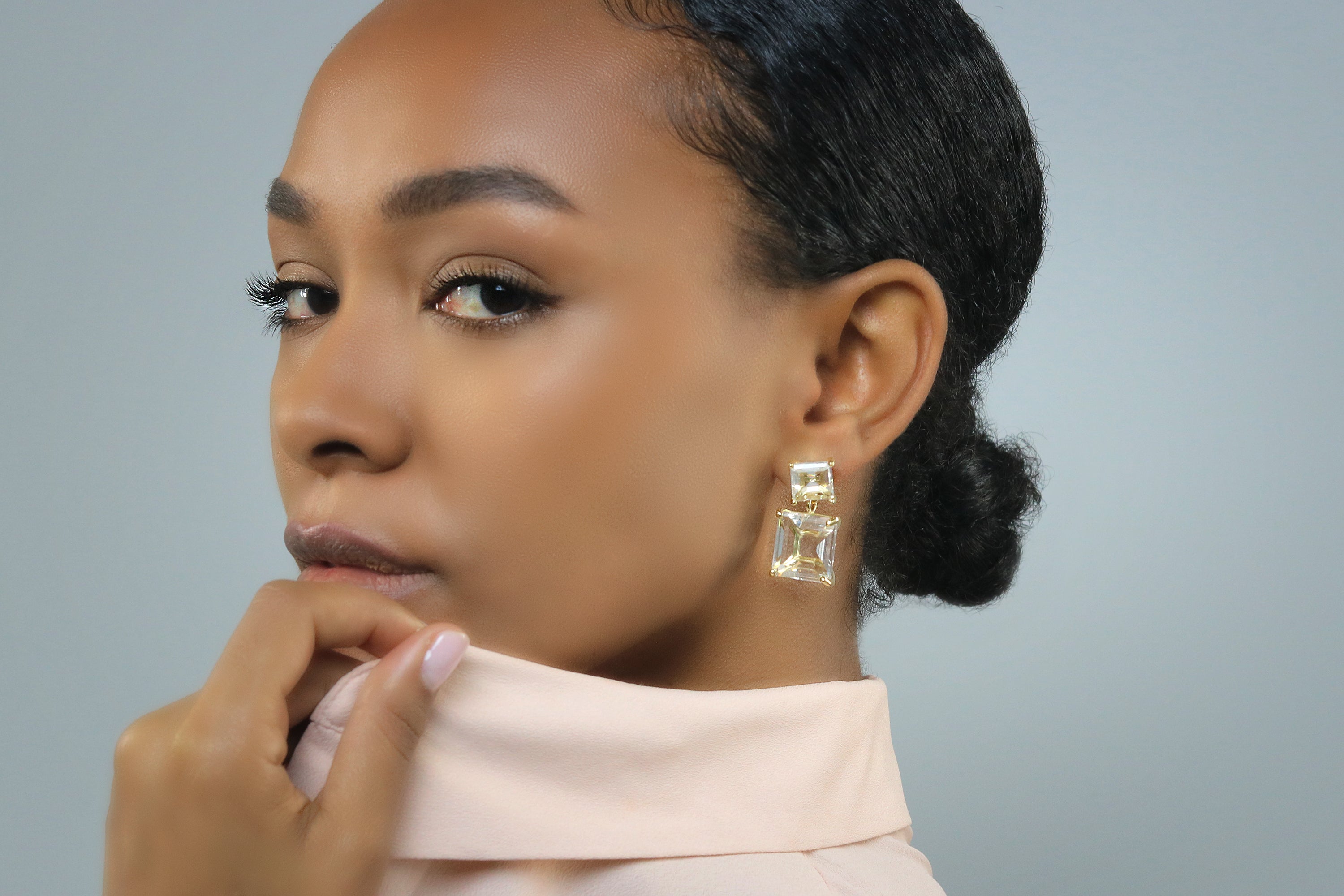 Two-Stone Quartz Crystal Earrings in Gold Earrings Anemone Jewelry