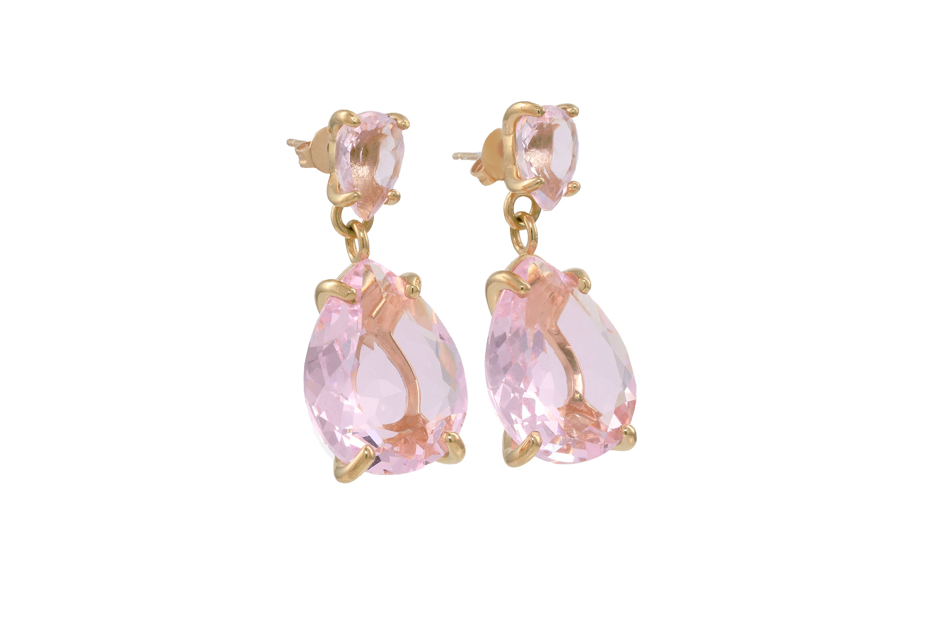 Double Gem Pear Rose Quartz Drop Earrings in Gold Earrings Anemone Jewelry