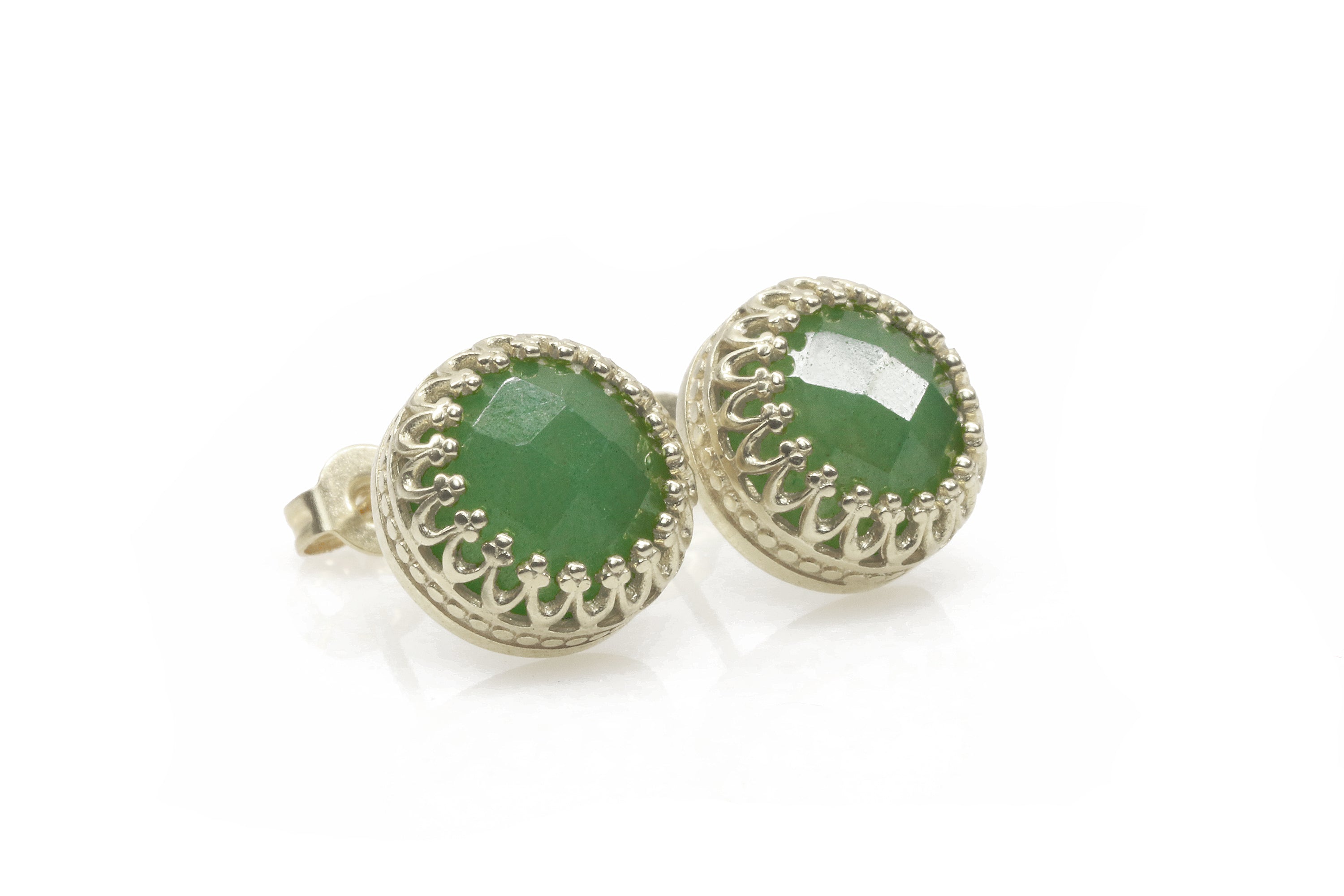 Green Aventurine Round Stud Earrings Sterling Silver Earrings Anemone Jewelry