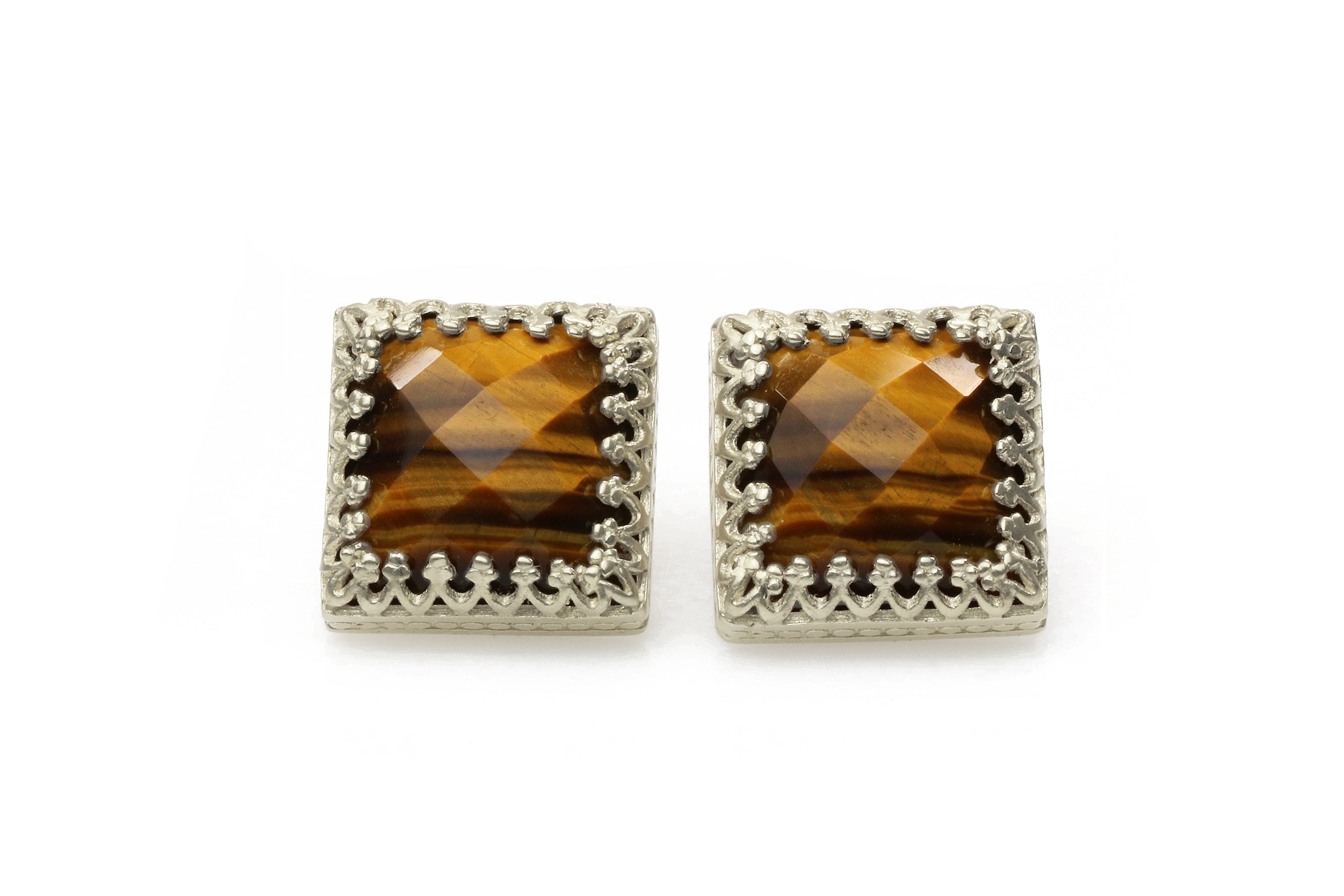 Square Tiger Eye Gemstone Stud Earrings Earrings Anemone Jewelry