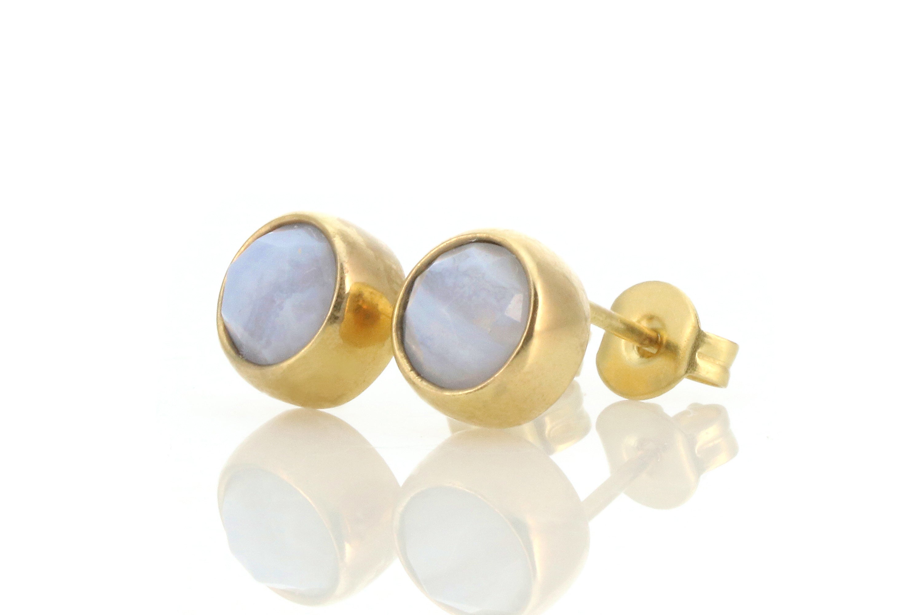 14k Solid Gold Blue Lace Agate Bezel Set Earrings Earrings Anemone Limited